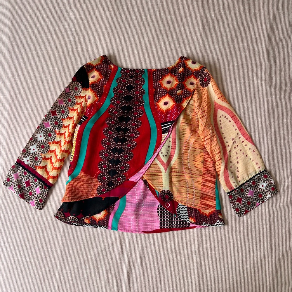 Patrons of Peace Red and Orange Graphic 3/4 Sleeve Blouse - Picture 2 of 2